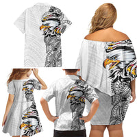 American Samoa Flag Day Family Matching Off Shoulder Short Dress and Hawaiian Shirt Tribal Tattoo with Eagle White