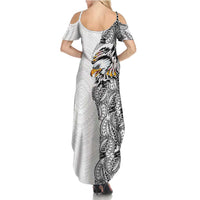 American Samoa Flag Day Family Matching Summer Maxi Dress and Hawaiian Shirt Tribal Tattoo with Eagle White