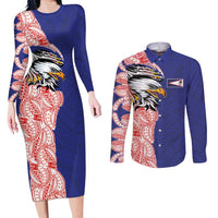 American Samoa Flag Day Couples Matching Long Sleeve Bodycon Dress and Long Sleeve Button Shirt Tribal Tattoo with Eagle Blue-Red
