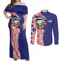 American Samoa Flag Day Couples Matching Off Shoulder Maxi Dress and Long Sleeve Button Shirt Tribal Tattoo with Eagle Blue-Red LT03 Blue - Polynesian Pride