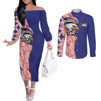 American Samoa Flag Day Couples Matching Off The Shoulder Long Sleeve Dress and Long Sleeve Button Shirt Tribal Tattoo with Eagle Blue-Red