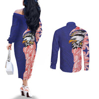 American Samoa Flag Day Couples Matching Off The Shoulder Long Sleeve Dress and Long Sleeve Button Shirt Tribal Tattoo with Eagle Blue-Red