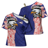 American Samoa Flag Day Cross Shoulder Shirt Tribal Tattoo with Eagle Blue-Red