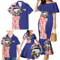 American Samoa Flag Day Family Matching Mermaid Dress and Hawaiian Shirt Tribal Tattoo with Eagle Blue-Red