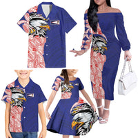American Samoa Flag Day Family Matching Off The Shoulder Long Sleeve Dress and Hawaiian Shirt Tribal Tattoo with Eagle Blue-Red LT03 - Polynesian Pride