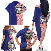 American Samoa Flag Day Family Matching Off The Shoulder Long Sleeve Dress and Hawaiian Shirt Tribal Tattoo with Eagle Blue-Red LT03 - Polynesian Pride