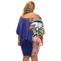 American Samoa Flag Day Family Matching Off Shoulder Short Dress and Hawaiian Shirt Tribal Tattoo with Eagle Blue-Red