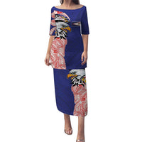American Samoa Flag Day Family Matching Puletasi and Hawaiian Shirt Tribal Tattoo with Eagle Blue-Red