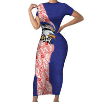American Samoa Flag Day Family Matching Short Sleeve Bodycon Dress and Hawaiian Shirt Tribal Tattoo with Eagle Blue-Red