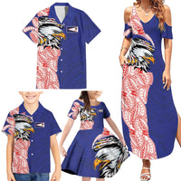 American Samoa Flag Day Family Matching Summer Maxi Dress and Hawaiian Shirt Tribal Tattoo with Eagle Blue-Red