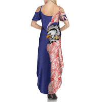 American Samoa Flag Day Family Matching Summer Maxi Dress and Hawaiian Shirt Tribal Tattoo with Eagle Blue-Red