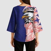 American Samoa Flag Day Kimono Sleeve Blouse Tribal Tattoo with Eagle Blue-Red