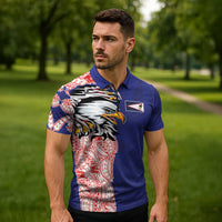 American Samoa Flag Day Zipper Polo Shirt Tribal Tattoo with Eagle Blue-Red