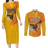 Personalised American Samoa Flag Day Couples Matching Long Sleeve Bodycon Dress and Long Sleeve Button Shirt Fautasi Race Pago Pago-Aeto Eagle Wings Tribal Style