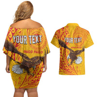 Personalised American Samoa Flag Day Couples Matching Off Shoulder Short Dress and Hawaiian Shirt Fautasi Race Pago Pago-Aeto Eagle Wings Tribal Style