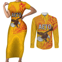 Personalised American Samoa Flag Day Couples Matching Short Sleeve Bodycon Dress and Long Sleeve Button Shirt Fautasi Race Pago Pago-Aeto Eagle Wings Tribal Style