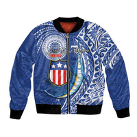 Personalised American Samoa Flag Day Bomber Jacket Fautasi Race Fagatogo-Iseula O Le Moana Sailfish Tribal Style