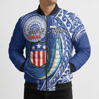 Personalised American Samoa Flag Day Bomber Puffer Jacket Fautasi Race Fagatogo-Iseula O Le Moana Sailfish Tribal Style LT03 - Polynesian Pride
