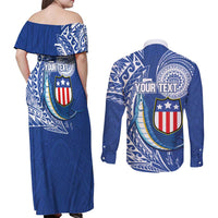 Personalised American Samoa Flag Day Couples Matching Off Shoulder Maxi Dress and Long Sleeve Button Shirt Fautasi Race Fagatogo-Iseula O Le Moana Sailfish Tribal Style