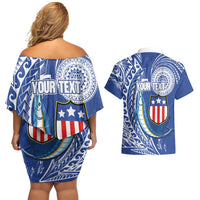 Personalised American Samoa Flag Day Couples Matching Off Shoulder Short Dress and Hawaiian Shirt Fautasi Race Fagatogo-Iseula O Le Moana Sailfish Tribal Style LT03 - Polynesian Pride