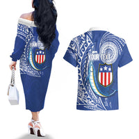 Personalised American Samoa Flag Day Couples Matching Off The Shoulder Long Sleeve Dress and Hawaiian Shirt Fautasi Race Fagatogo-Iseula O Le Moana Sailfish Tribal Style