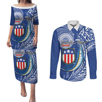 Personalised American Samoa Flag Day Couples Matching Puletasi and Long Sleeve Button Shirt Fautasi Race Fagatogo-Iseula O Le Moana Sailfish Tribal Style