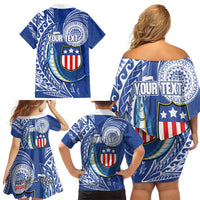 Personalised American Samoa Flag Day Family Matching Off Shoulder Short Dress and Hawaiian Shirt Fautasi Race Fagatogo-Iseula O Le Moana Sailfish Tribal Style