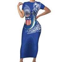 Personalised American Samoa Flag Day Family Matching Short Sleeve Bodycon Dress and Hawaiian Shirt Fautasi Race Fagatogo-Iseula O Le Moana Sailfish Tribal Style