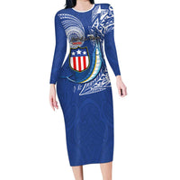 Personalised American Samoa Flag Day Long Sleeve Bodycon Dress Fautasi Race Fagatogo-Iseula O Le Moana Sailfish Tribal Style