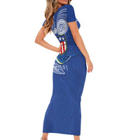 Personalised American Samoa Flag Day Short Sleeve Bodycon Dress Fautasi Race Fagatogo-Iseula O Le Moana Sailfish Tribal Style