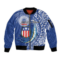 Personalised American Samoa Flag Day Sleeve Zip Bomber Jacket Fautasi Race Fagatogo-Iseula O Le Moana Sailfish Tribal Style