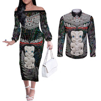 New Zealand Hei Tiki Couples Matching Off The Shoulder Long Sleeve Dress and Long Sleeve Button Shirt Maori Green Papua Shell Pattern LT03 Green - Polynesian Pride