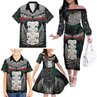 New Zealand Hei Tiki Family Matching Off Shoulder Long Sleeve Dress and Hawaiian Shirt Maori Green Papua Shell Pattern LT03 - Polynesian Pride