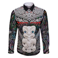 New Zealand Hei Tiki Family Matching Off Shoulder Long Sleeve Dress and Hawaiian Shirt Maori Green Papua Shell Pattern LT03 Dad's Shirt - Long Sleeve Green - Polynesian Pride