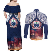 Samoa Indenpendence Day Couples Matching Off Shoulder Maxi Dress and Long Sleeve Button Shirt Sky Fireworks with Flag Style LT03 - Polynesian Pride