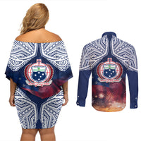 Samoa Indenpendence Day Couples Matching Off Shoulder Short Dress and Long Sleeve Button Shirt Sky Fireworks with Flag Style LT03 - Polynesian Pride