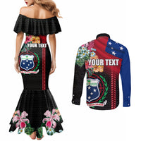 Personalised Samoa Indenpendence Day Couples Matching Mermaid Dress and Long Sleeve Button Shirt Tropical Samoan Coat of Arms With Siapo Pattern LT03 - Polynesian Pride