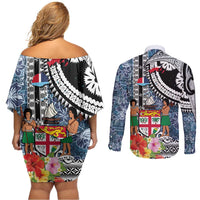 Fiji Day Couples Matching Off Shoulder Short Dress and Long Sleeve Button Shirt Traditional Tapa with Hibiscus and Emblems