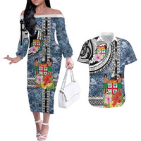 Fiji Day Couples Matching Off The Shoulder Long Sleeve Dress and Hawaiian Shirt Traditional Tapa with Hibiscus and Emblems