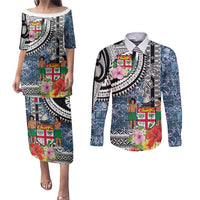 Fiji Day Couples Matching Puletasi and Long Sleeve Button Shirt Traditional Tapa with Hibiscus and Emblems