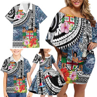 Fiji Day Family Matching Off Shoulder Short Dress and Hawaiian Shirt Traditional Tapa with Hibiscus and Emblems