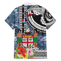 Fiji Day Family Matching Off Shoulder Short Dress and Hawaiian Shirt Traditional Tapa with Hibiscus and Emblems