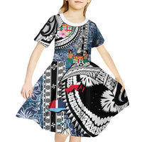 Fiji Day Kid Short Sleeve Dress Traditional Tapa with Hibiscus and Emblems