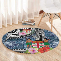 Fiji Day Round Carpet Traditional Tapa with Hibiscus and Emblems