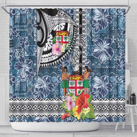 Fiji Day Shower Curtain Traditional Tapa with Hibiscus and Emblems