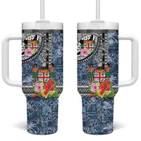 Fiji Day Tumbler With Handle Traditional Tapa with Hibiscus and Emblems