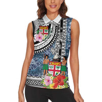 Fiji Day Women Sleeveless Polo Shirt Traditional Tapa with Hibiscus and Emblems