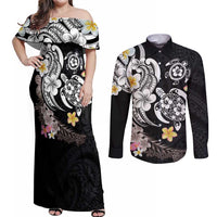 Hawaiian Tropical Plumeria Turtles Couples Matching Off Shoulder Maxi Dress and Long Sleeve Button Shirt Polynesian Art Tattoo