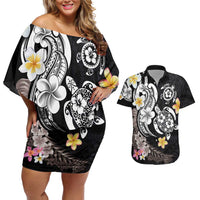 Hawaiian Tropical Plumeria Turtles Couples Matching Off Shoulder Short Dress and Hawaiian Shirt Polynesian Art Tattoo