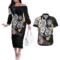 Hawaiian Tropical Plumeria Turtles Couples Matching Off The Shoulder Long Sleeve Dress and Hawaiian Shirt Polynesian Art Tattoo
